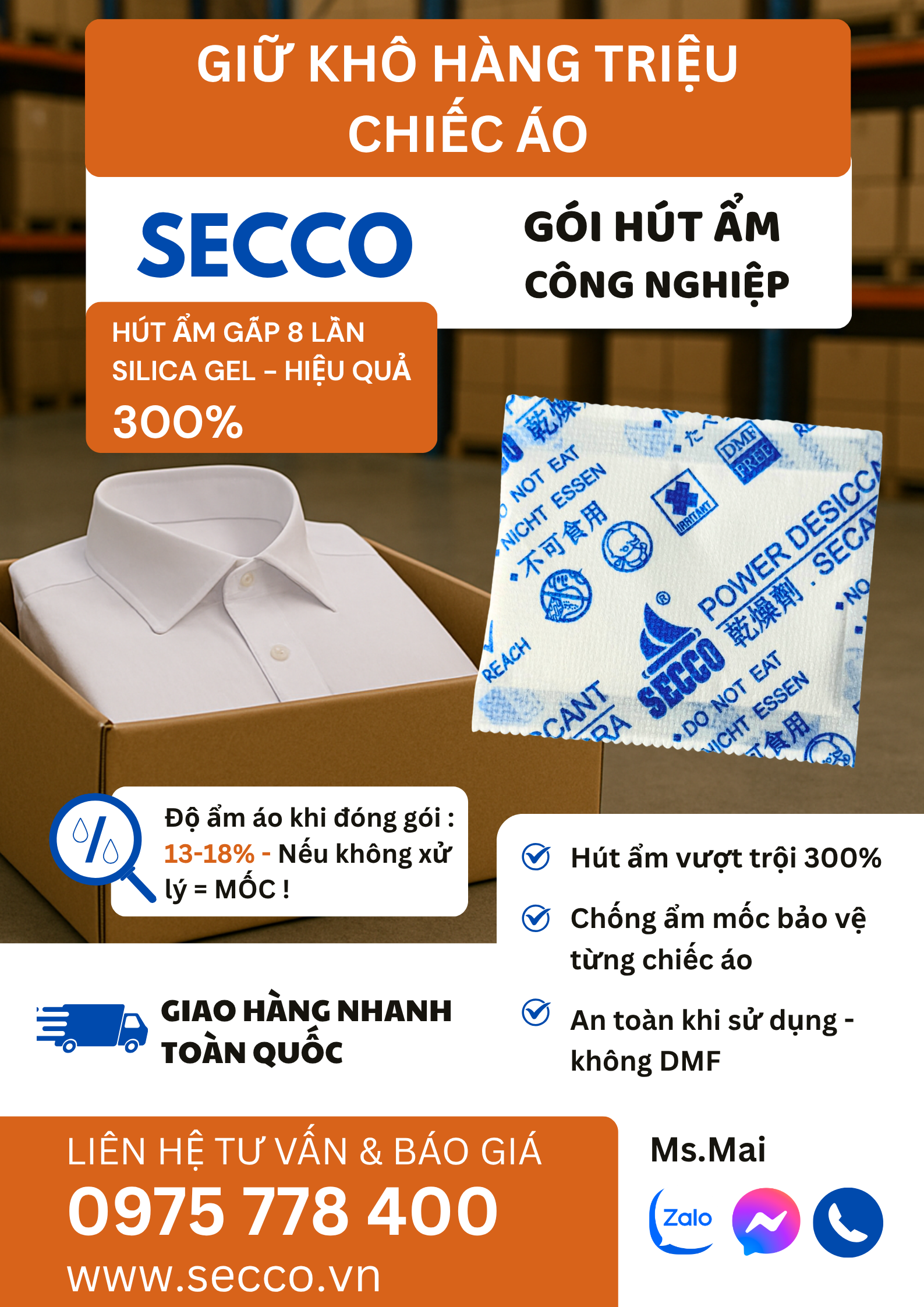 Hình ảnh quần áo xuất khẩu được bảo quản với gói hút ẩm, không bị mốc.