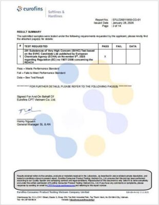 Phiếu kiểm nghiệm REACH 251 chất SVHC của Eurofins cho bột hút ẩm SECCO, tháng 01/2026