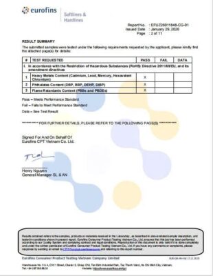 Phiếu kiểm nghiệm RoHS của Eurofins cho bột hút ẩm SECCO, tháng 01/2026