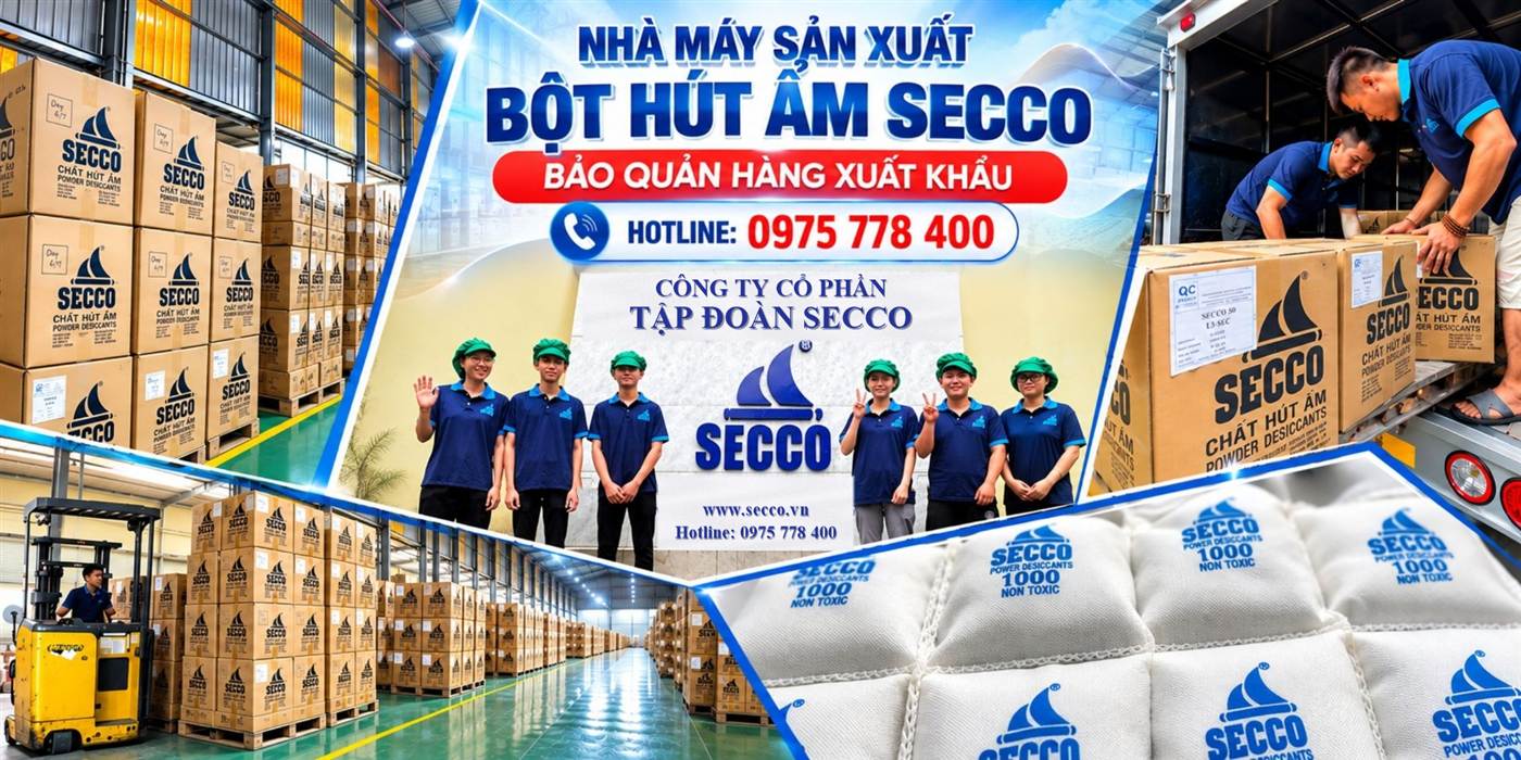 Nhà máy sản xuất bột hút ẩm SECCO, đội ngũ nhân viên trước bảng hiệu công ty
