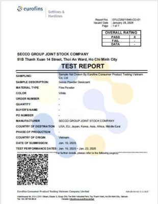 Trang đầu phiếu kiểm nghiệm Eurofins cho bột hút ẩm SECCO, tháng 01/2026